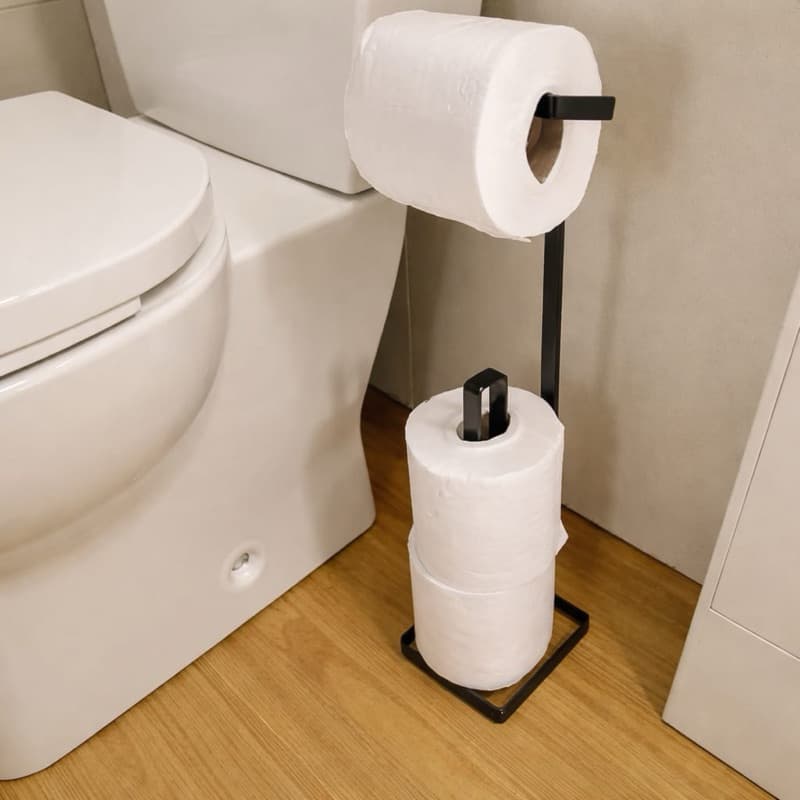 Suporte Porta Papel Higiênico de Chão para Banheiro 3 Rolos Preto Organização Lavabo