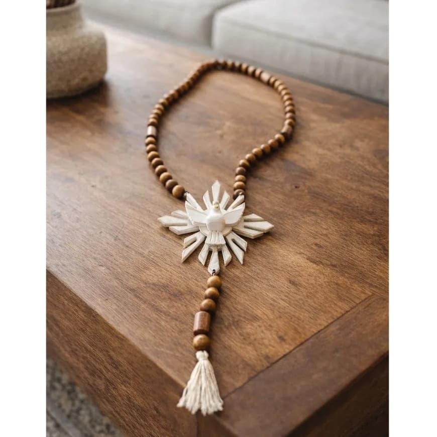 Enfeite Colar de mesa em madeira decorativo luxo centro grande Boho Chic com Divino Resplendor para Sala hall de entrada