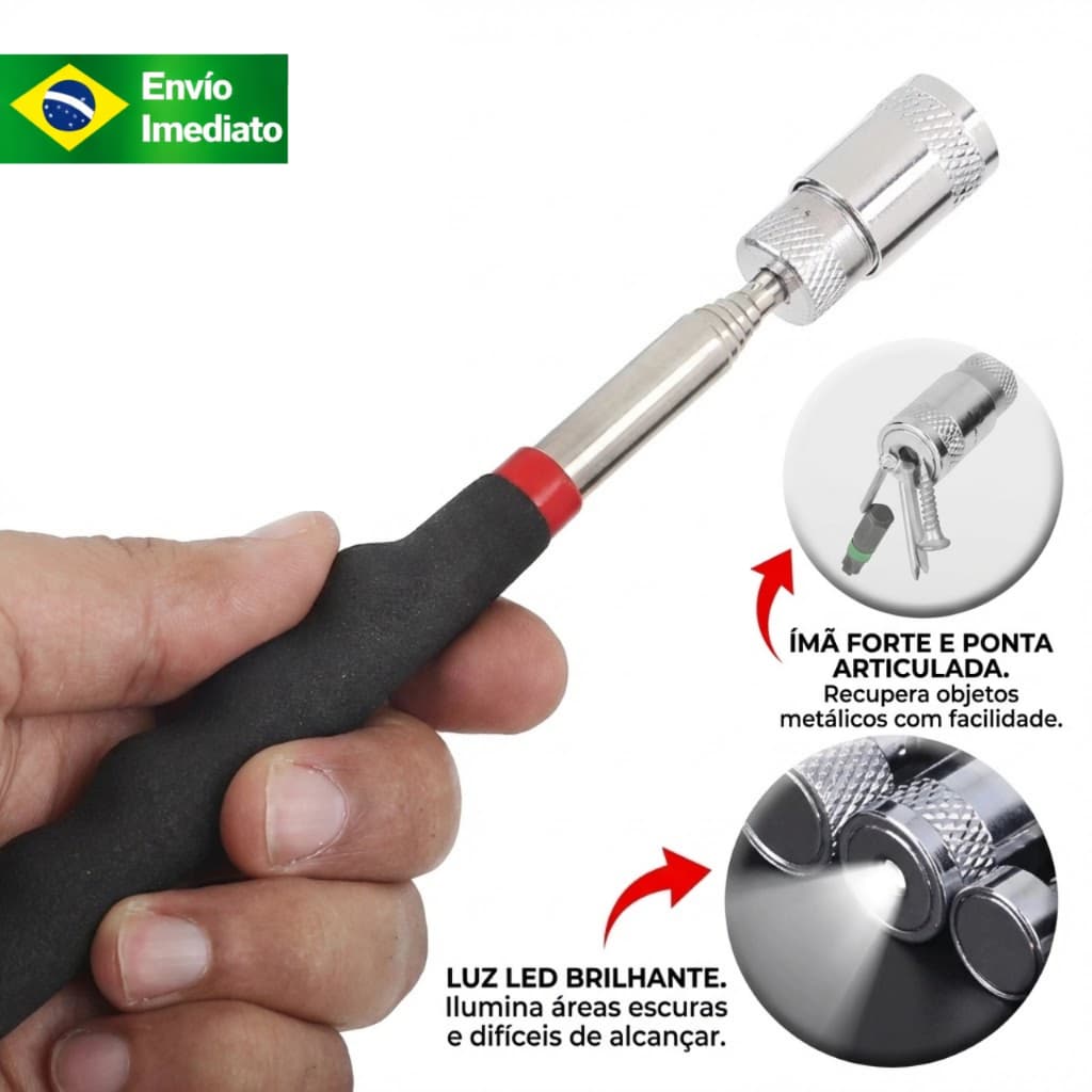 Caneta Magnética Telescópica Pegador De Objetos Com Lanterna Vareta De Coleta Porcas Parafusos