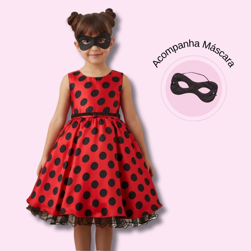 Vestido Infantil Curto Fantasia Lady Bug Tematico Festa Aniversario Carnaval