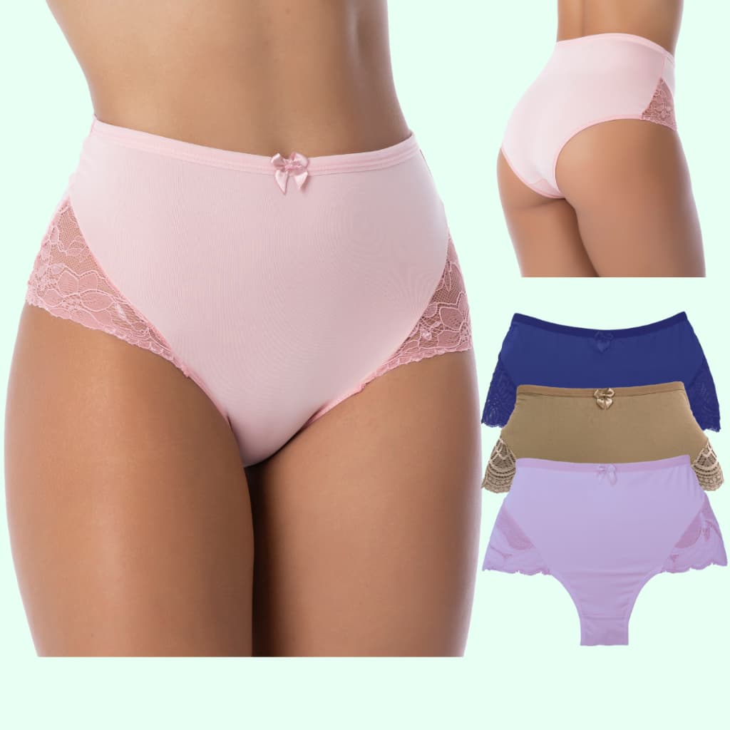 Kit 3 Calcinhas Calçola Cós Alto Microfibra Cintura Alta Senhora Conforto Renda Revenda