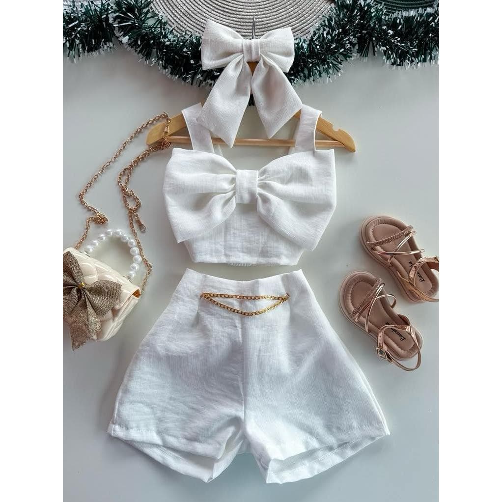 Conjunto Infantil Feminino Verão Shorts e Blusa Laço Branco Laranja Pink Nude Azul Rosa Vermelho Fashion Blogueirinha