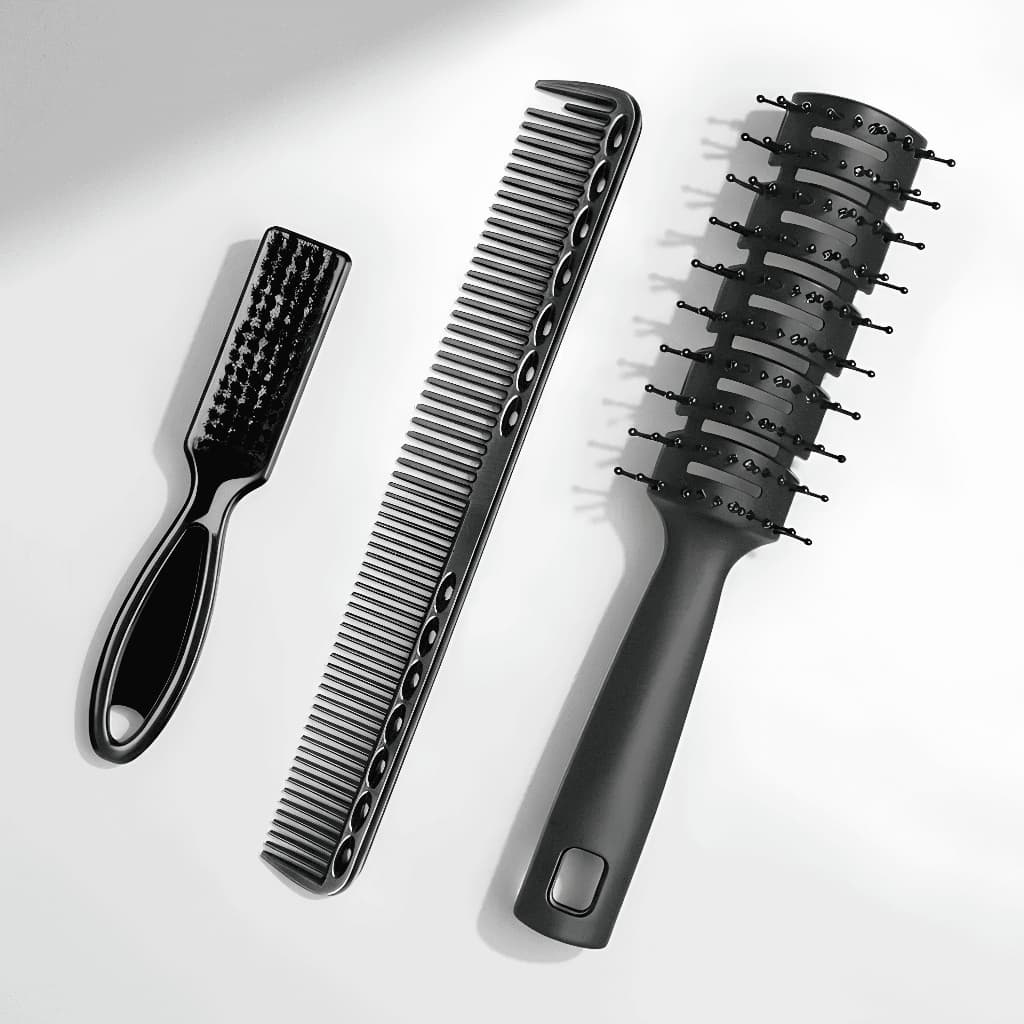 Kit Profissional para Barbeiro Escova de Cabelo Pompadora + Pente de Corte Metálico + Escovinha de Disfarce e Limpeza