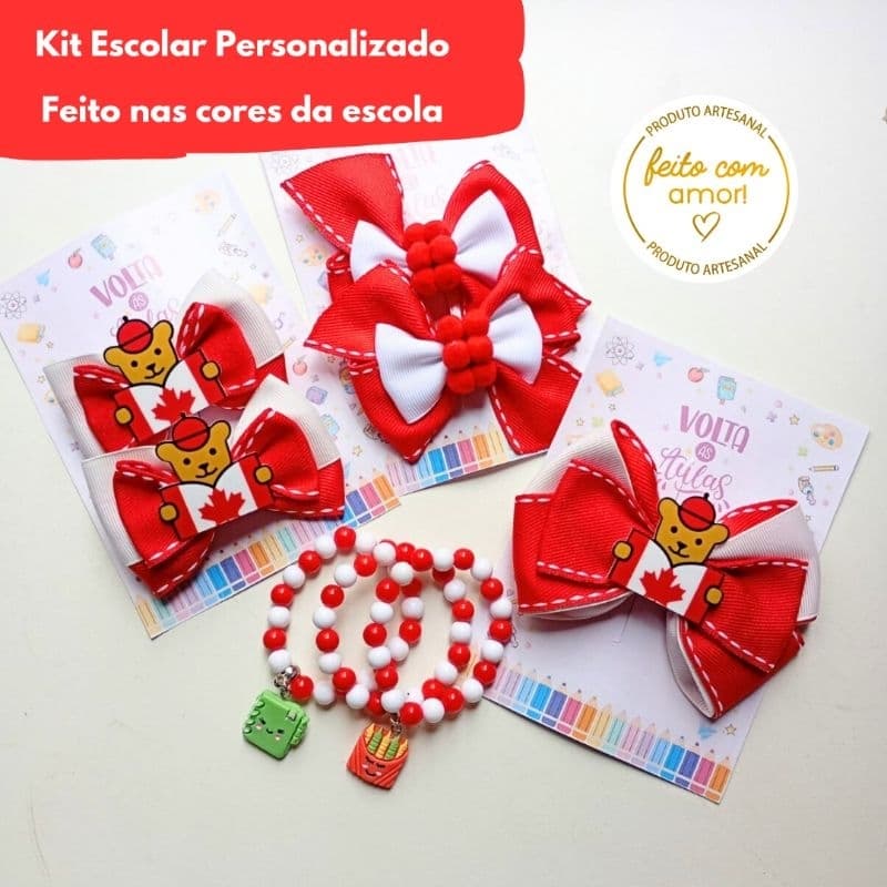 Kit Escolar Maple Bear, laços em par, presilhas infantis volta às aulas, pulseiras infantis escolar