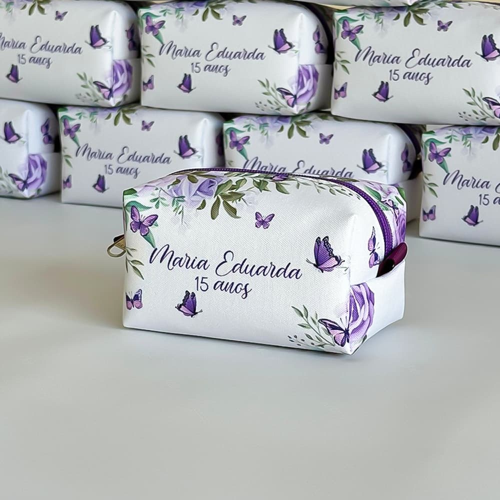 12 Bolsinha Necessaires Personalizada lembrancinhas Box P Tema Jardim Borboleta roxa e lilás 15 anos