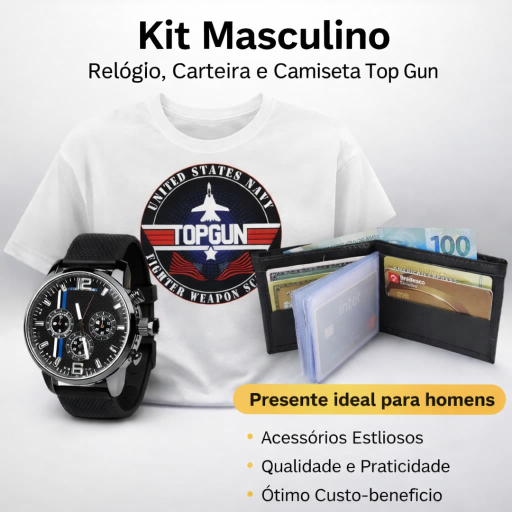 Kit Camisa Top Gun T-shirt 100% Algodão + Relogio  Analógico + Carteira Couro Ecológico Ótimo Presente Envio Imediato
