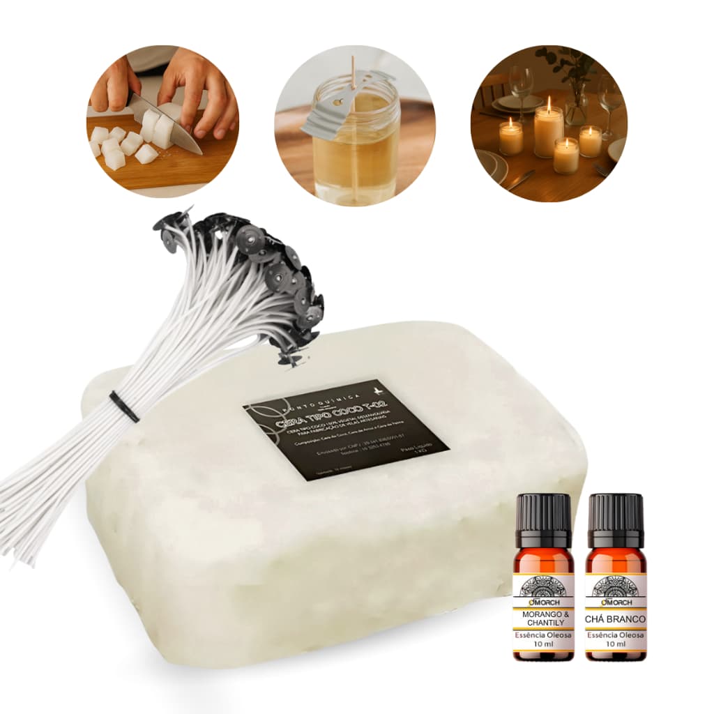KIT Cera de Coco T02 + 15 Pavios de 12cm + 20ml Essência Kit de Velas Premium