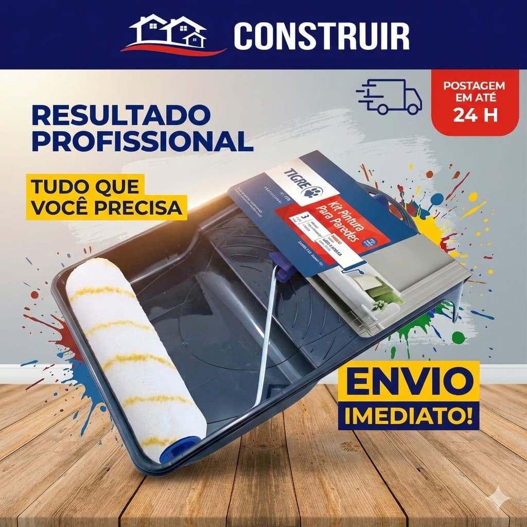 Kit Pintura Profissional Tigre Rolo Anti Respingo 23cm + Bandeja Grande + Suporte Bucha 1541