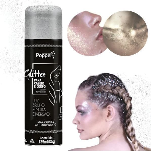Spray Glitter Removivel Para Cabelo Popper Prata E Dourado