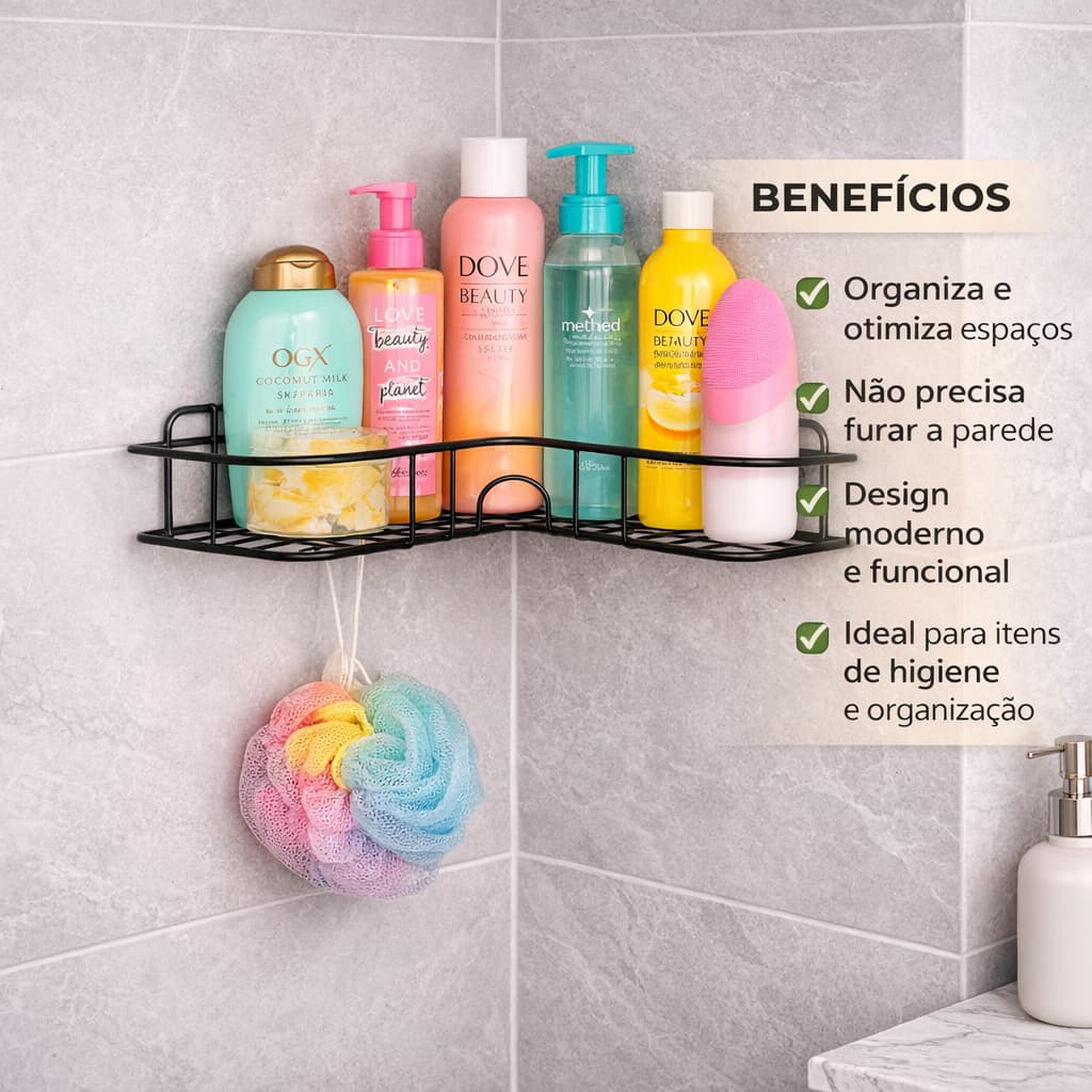 Prateleira Aramada de Canto para Banheiro – Kit 2 Peças Organizador de Shampoo e Sabonete