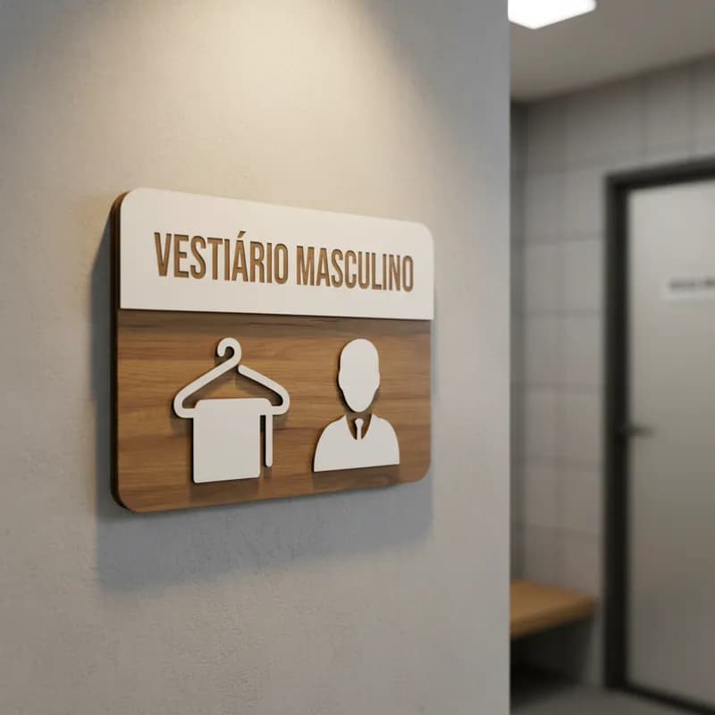 Placa de Sinalização Vestiário Masculino MDF Alto Relevo 30x21cm Para Porta