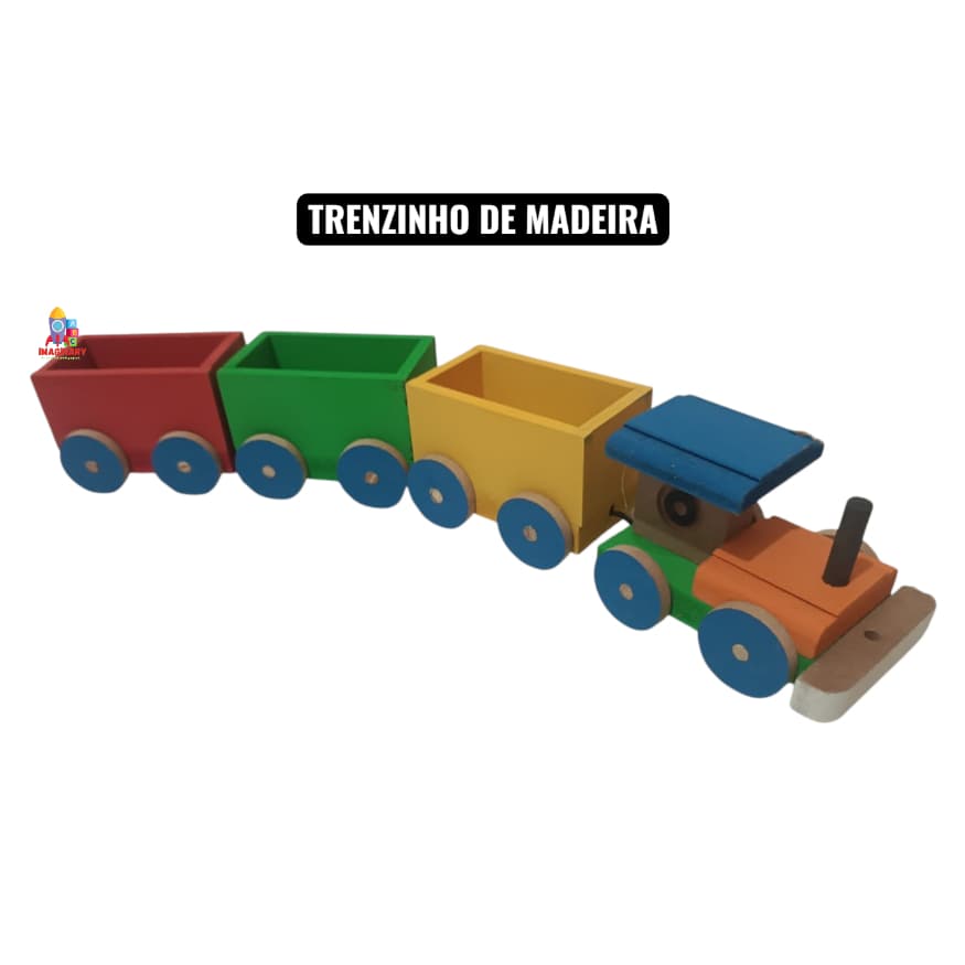 TRENZINHO DE MADEIRA EDUCATIVO PEDAGÓGICO COLORIDO – BRINQUEDO DE MONTAR E PUXAR COM 3 VAGÕES DE CARGA