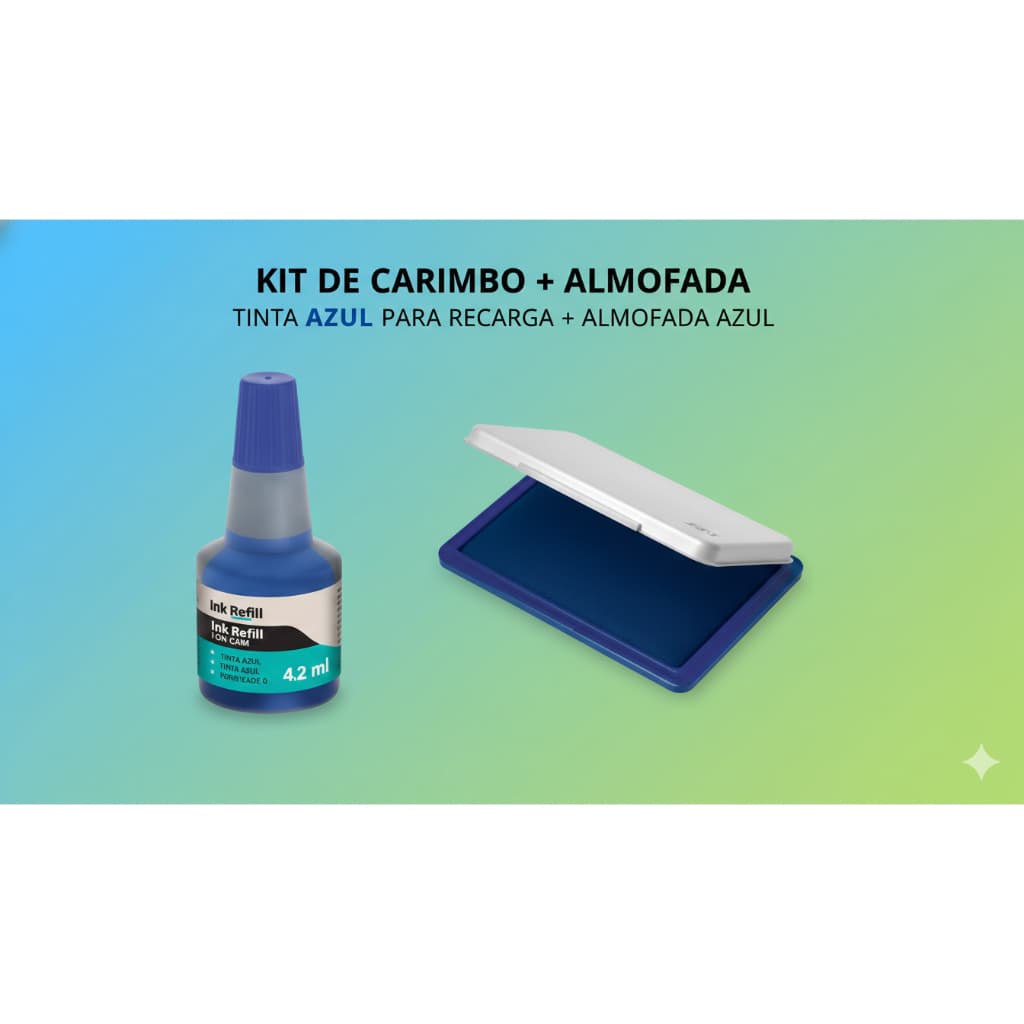 Kit Carimbo Almofada Azul + Tinta para Carimbo Azul Reabastecimento Bazze