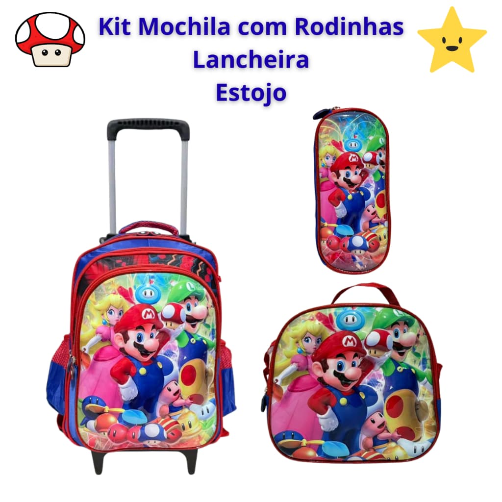 Kit Mochila Escolar 3D com Rodinhas Super Mario Infantil Bolsa Grande Juvenil Reforçada com Lancheira Térmica + Estojo