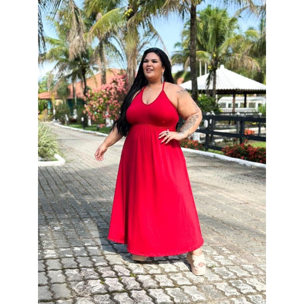 Vestido Plus Size Longo alcinha Soltinho Plus Size de amarrarção costas