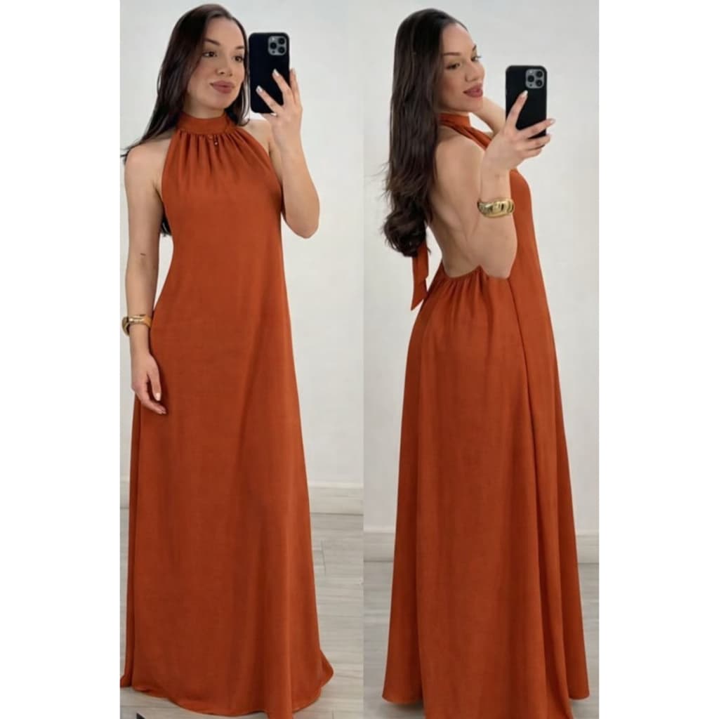 Vestido Longo Gola Alta Costa Nua Frente Única Festa Formatura Casamento Madrinha
