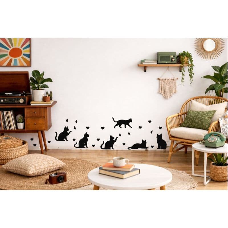 Adesivo de Parede Gatos Decorativos | Gatinhos com Corações e Borboletas