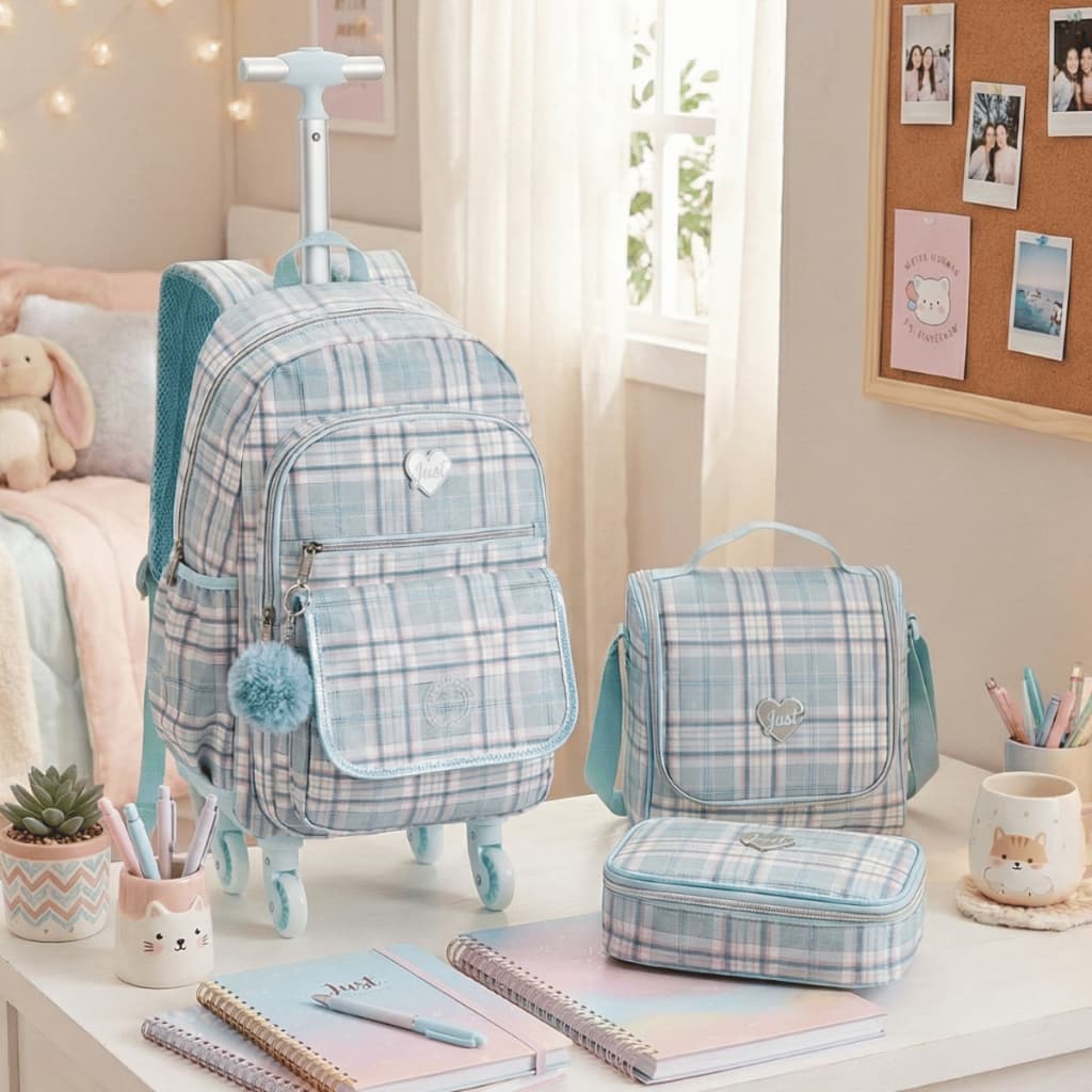 Kit Escolar Mochila Rodinhas 360 Juvenil com bolsa térmica e estojo Pré Adolescente Jovem Mocinha