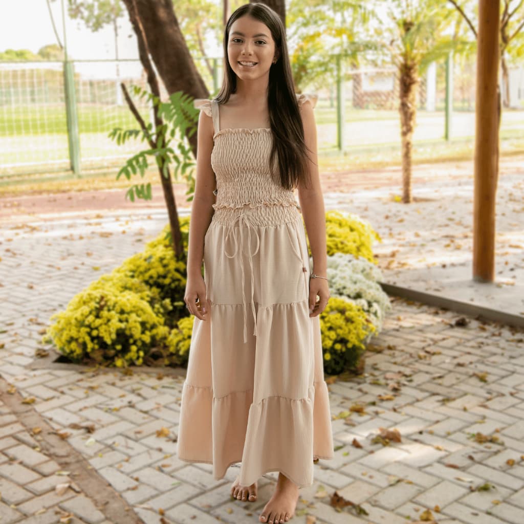 Conjunto Infantil Juvenil Menina Saia Longa Três Marias + Cropped em Lastex Dunas Verão com Bolso