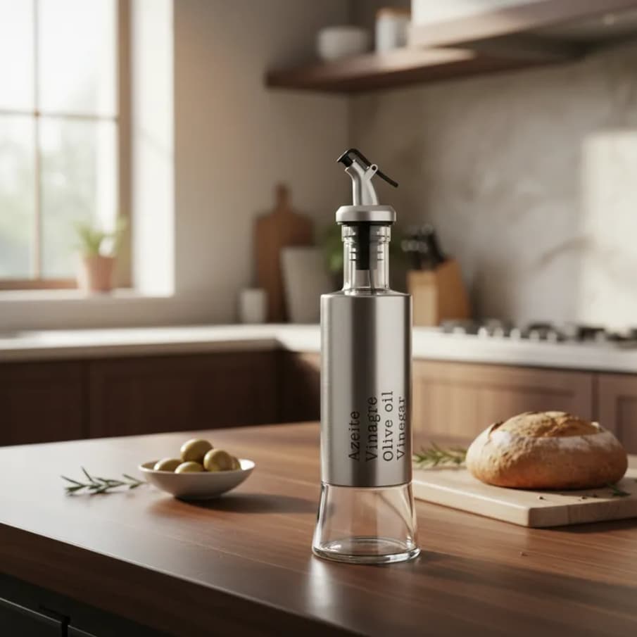 Azeiteiro / Vinagreiro De Vidro / Inox E Bico Dosador De Plastico 25X6,5Cm 300Ml