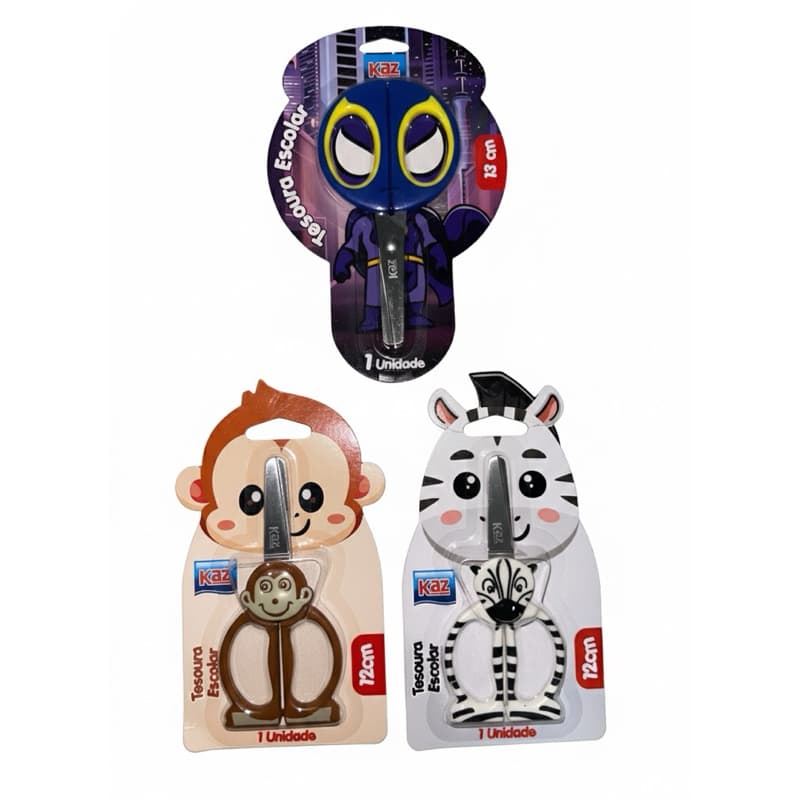 Tesoura Escolar Infantil Super Segura Personagens – Batman, Zebra ou Macaquinho