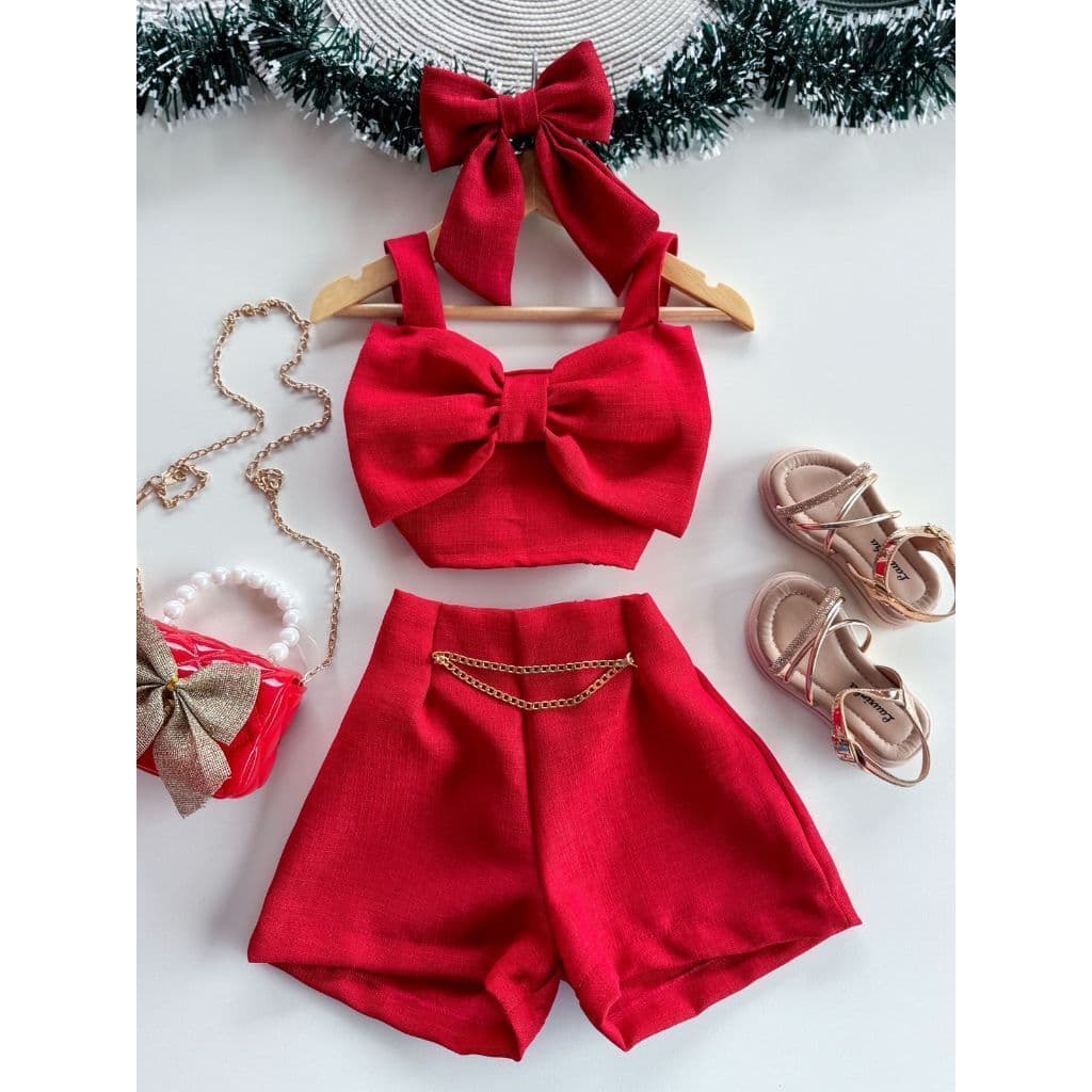 Conjunto Infantil Blusa Laço e Shorts Look Infantil Menina Elegante Roupa Infantil Feminina Estilosa
