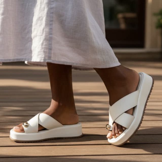 Sandália plataforma tiras cruzadas em X cor off detalhe metal dourado