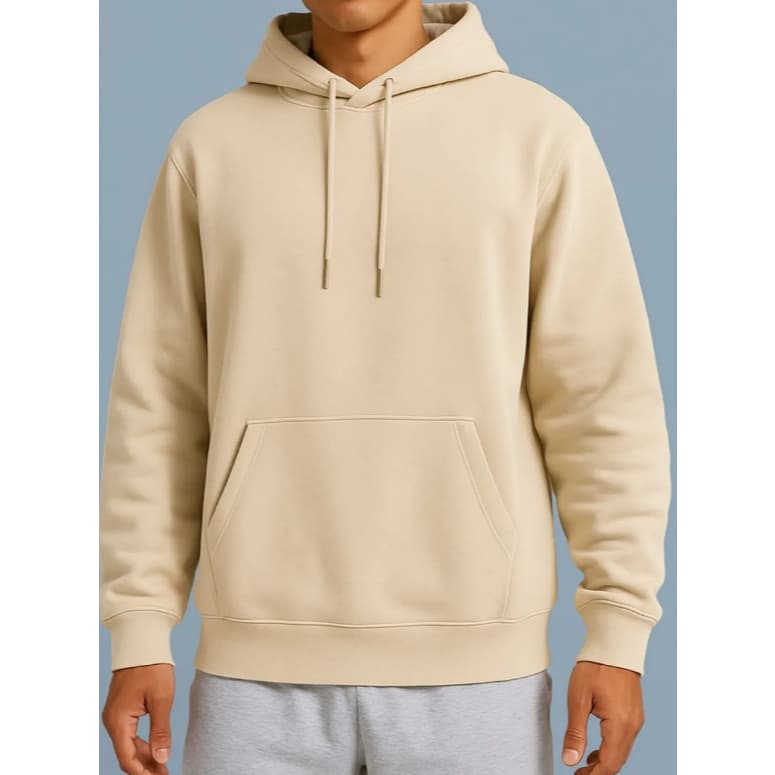 Blusa de Frio Bege Moletom Liso Canguru Com Capuz Algodão Tamanho M