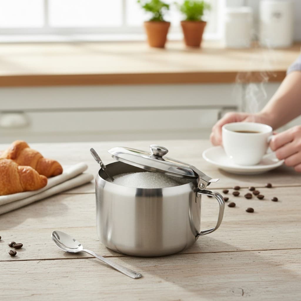 Açucareiro Aço Inox com tampa fixa e colher de café Porta açucar de mesa capac.350ML Clink