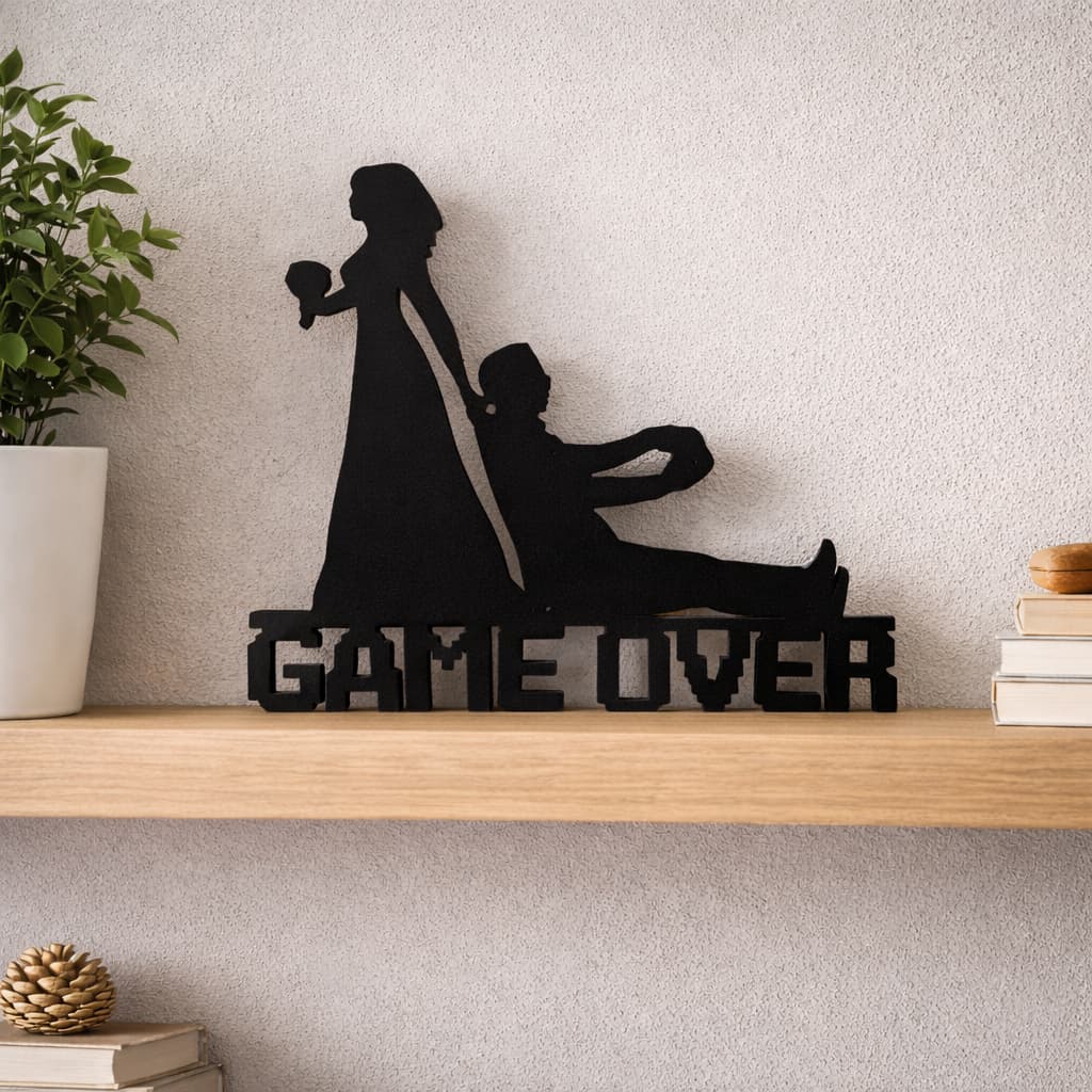 Enfeite Game Over Casamento Nerd Geek Casal Decoração Aparador Estante Topo de Bolo Placa Casais Casal Humor Plaquinha