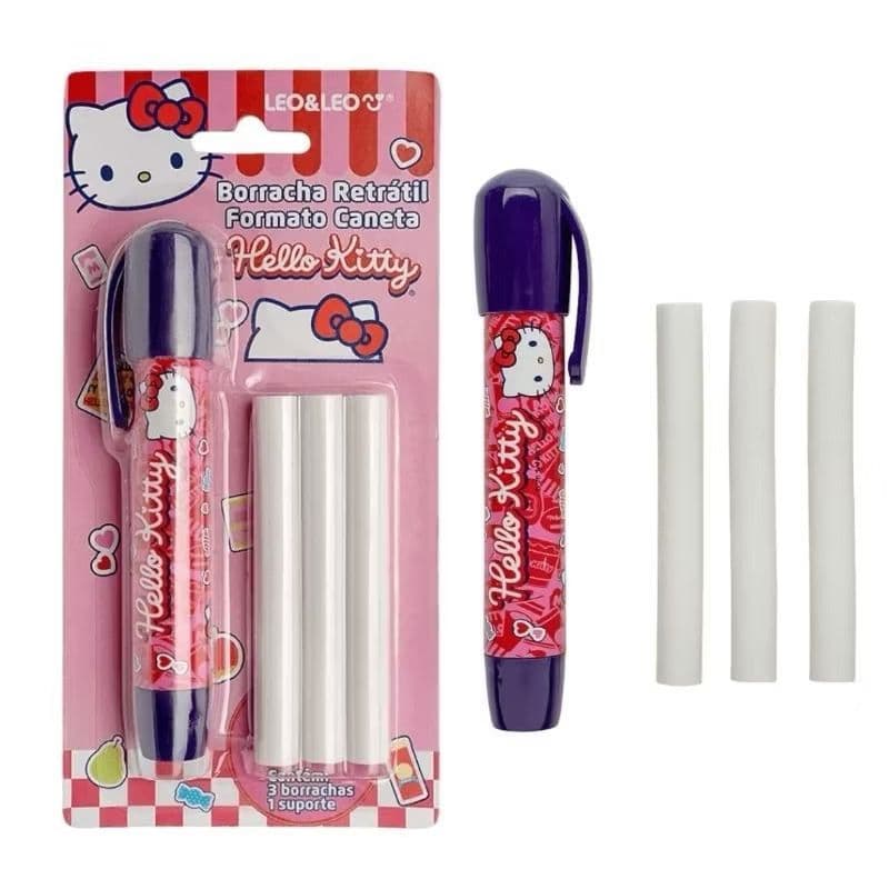 Borracha Caneta Retrátil Hello Kitty - Suporte com 3 borrachas refil - Leo&Leo