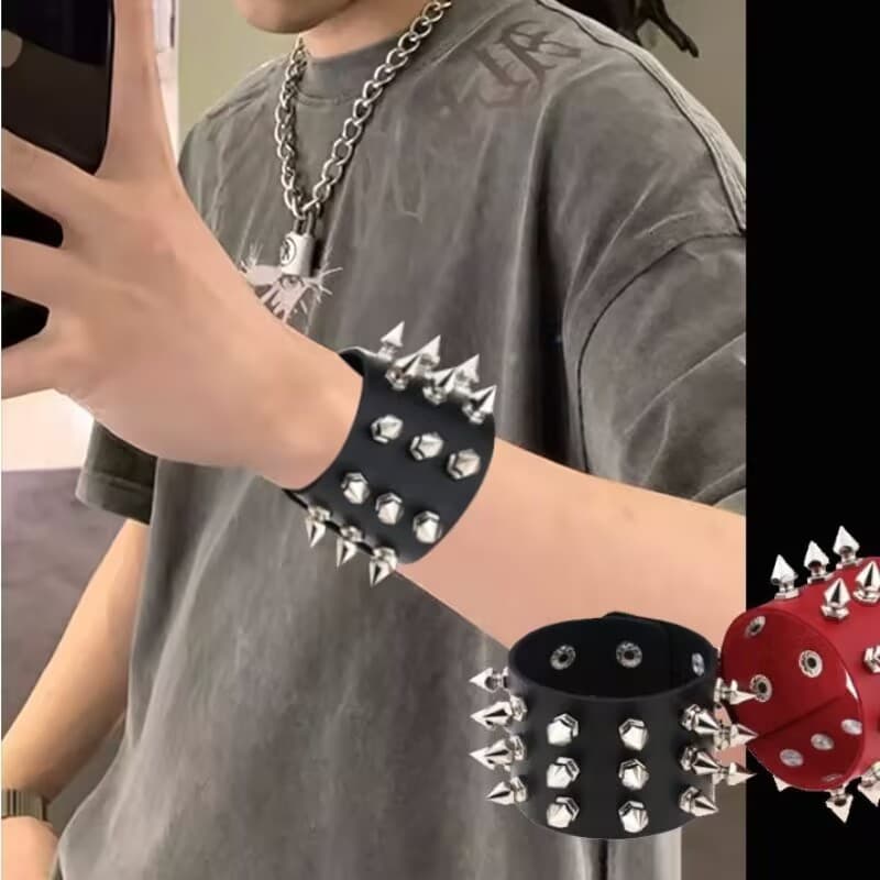 Pulseira Unissex Punk Gótica Couro - Preta, Espinhos Metálicos, Ajustável手环三排尖钉
