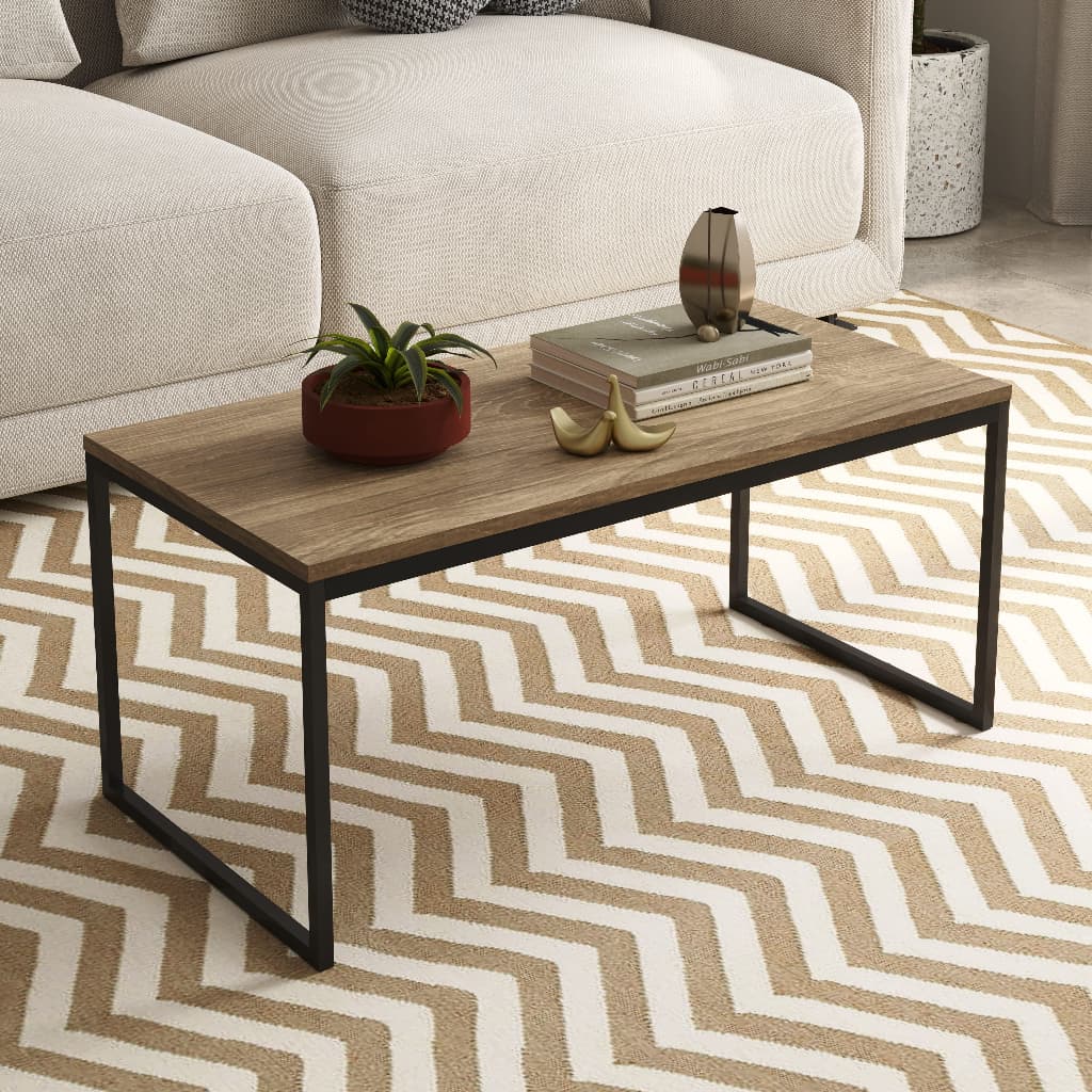 Mesa de Centro Carmin para Sala com Pés de Ferro Estrutura em Aço Tampo MDF 60x40cm Preto ou Amadeirado Ofertamo