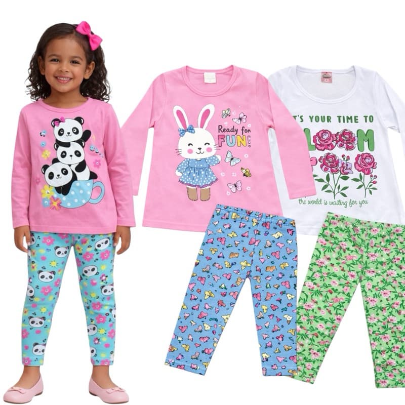 Kit Sortido 4 Peças de Roupas Feminino Infantil Inverno e Meia Estação –2 Blusas manga longa +2 calças legging