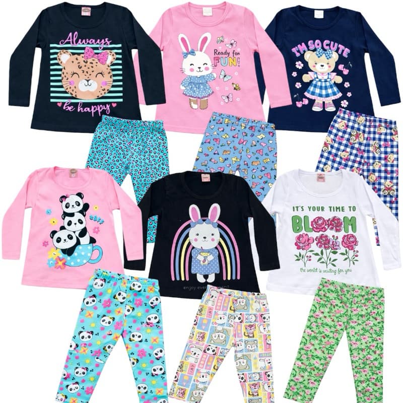 Kit Sortido 12 Peças Feminino Infantil Inverno e Meia Estação –6 Blusas manga longa +6 calças legging