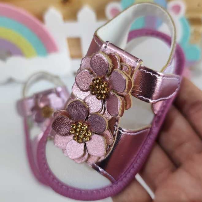 Sandália Para Menina  Luxo 0 a 12 Meses  Rosa Metalizado Flores