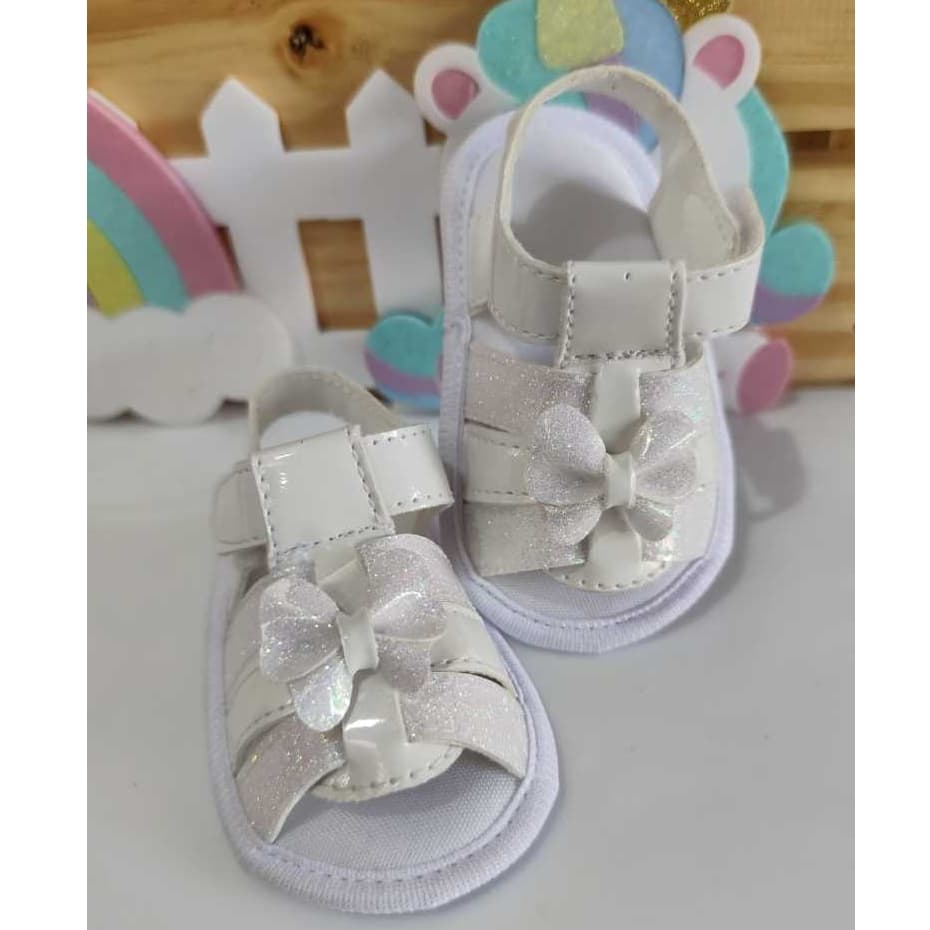 Sandália Para Menina  Luxo 0 a 12 Meses,Verniz Branca com Gloss e Borboleta