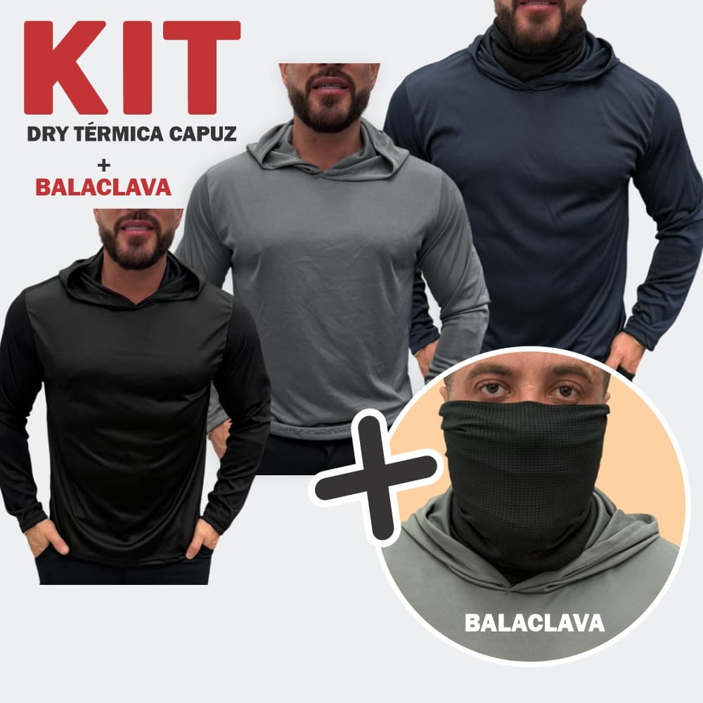 KIT 3 Camiseta Camisa Capuz Dryfit  Manga Longa com Térmica + Balaclava Proteção Uv 50+ Touca