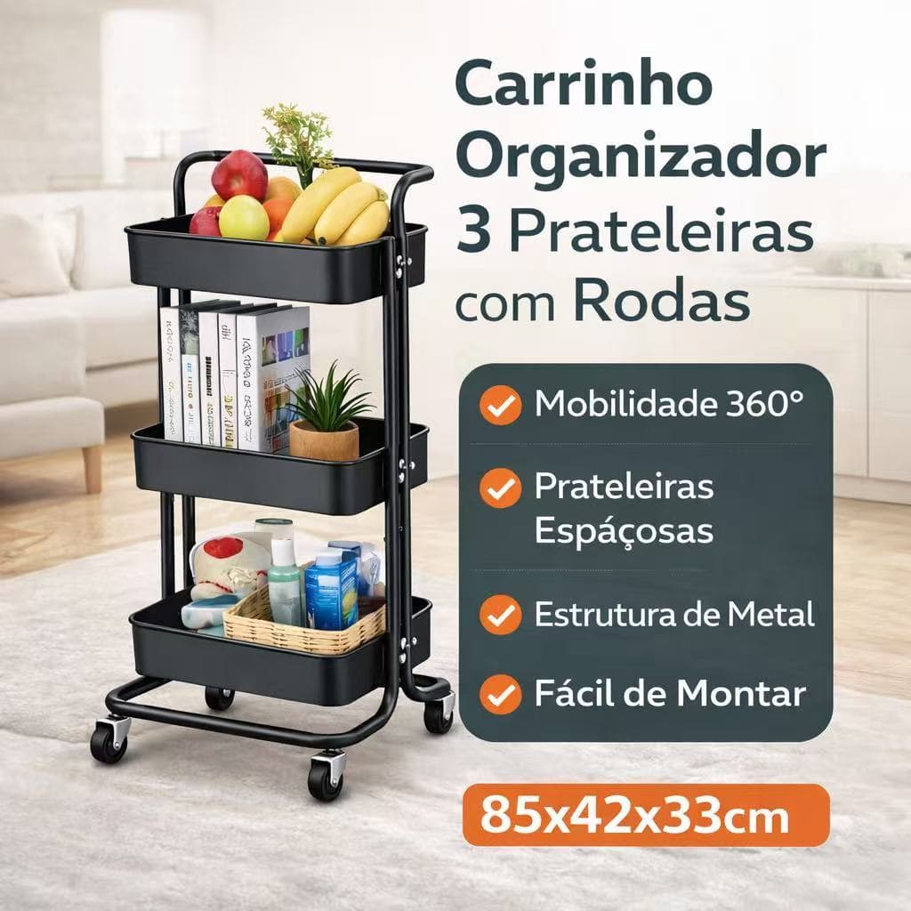 Carrinho Organizador 3 Prateleiras com Rodas – Estante Multiuso para Cozinha, Banheiro e Escritório (85x42x33cm)