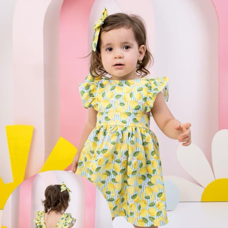 Vestido Infantil Menina Baby Estampado Frutas Limão Cereja Abacaxi Batinha Festa Verão Crepinho