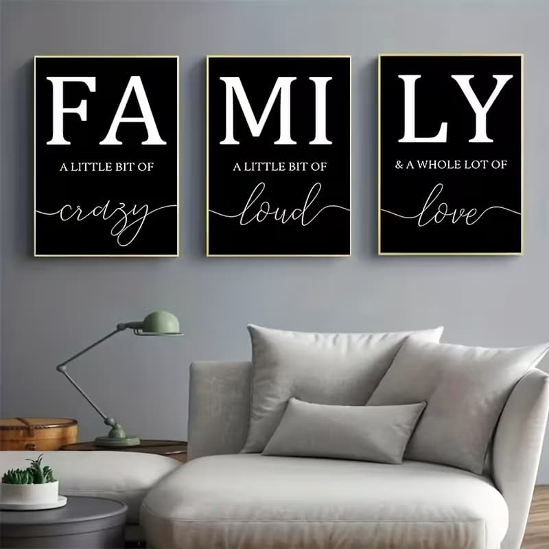 Kit 3 Quadros Frase Family Preto e Branco Decoração Sala Quarto Luxo Quadros Grandes Modernos