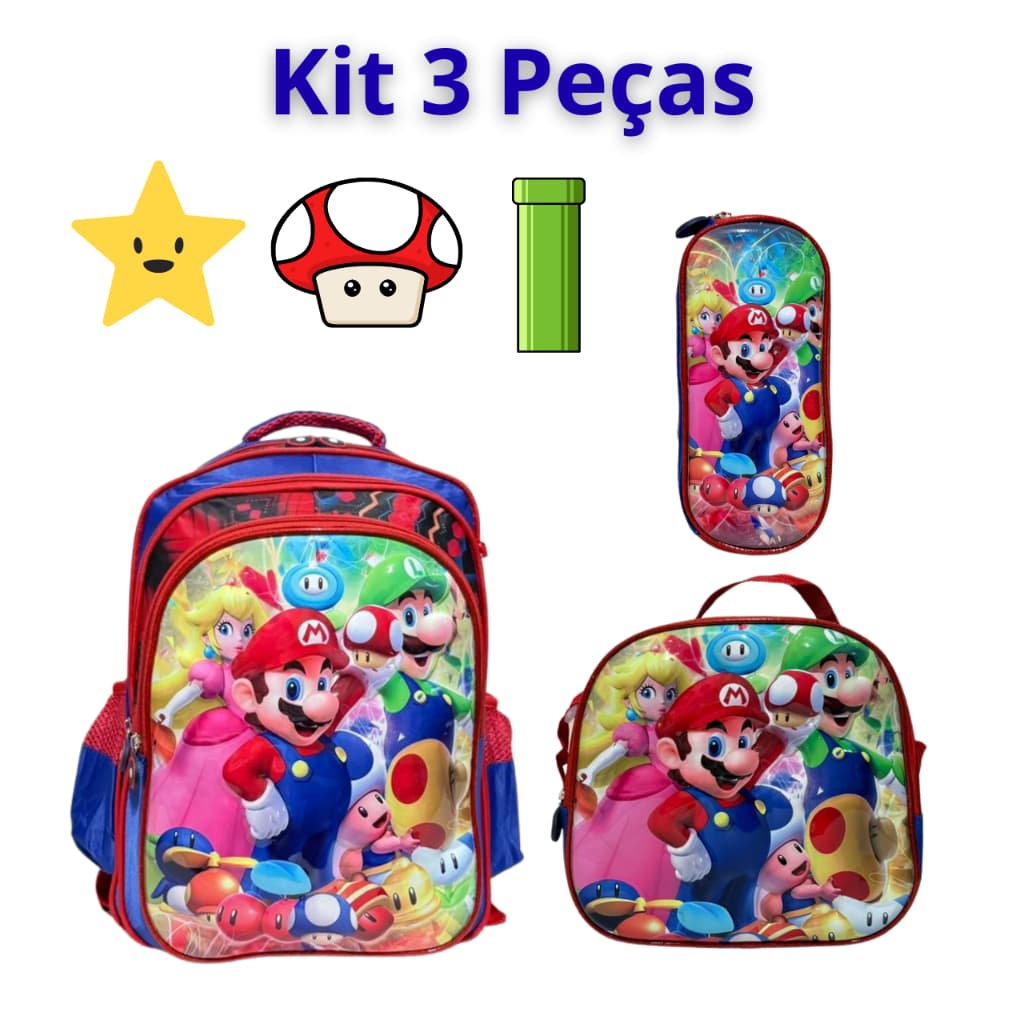 Kit Mochila Escolar 3D Super Mario Infantil Juvenil Reforçada Grande Com Lancheira Térmica + Estojo