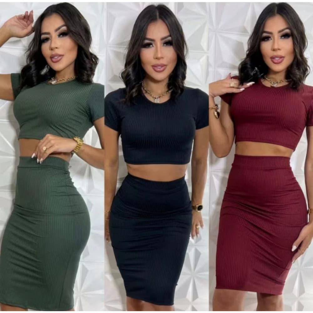 Conjunto Feminino Saia Midi e Cropped Canelado Premium Manga Curta Justo Elegante Moda Blogueira