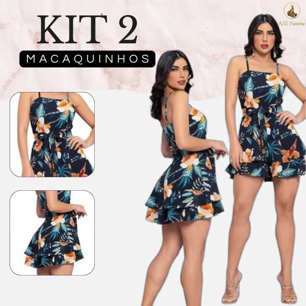Kit 2 Macaquinhos Feminino de Alça Estampado Tropical Curto, Cintura Marcada, Verão Tamanho Unico