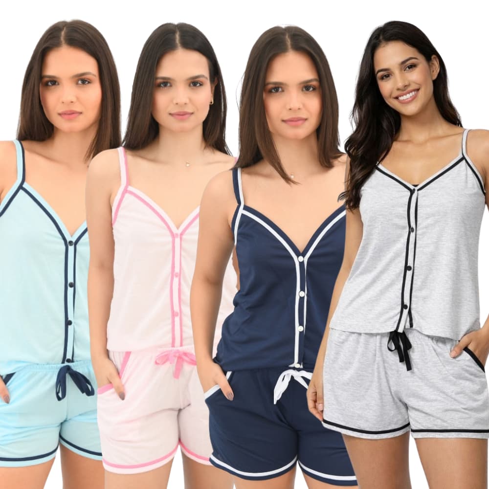 Pijama Baby Doll Alça Feminino Viés Duplo Aberto com Short Bolso e Laço em Malha