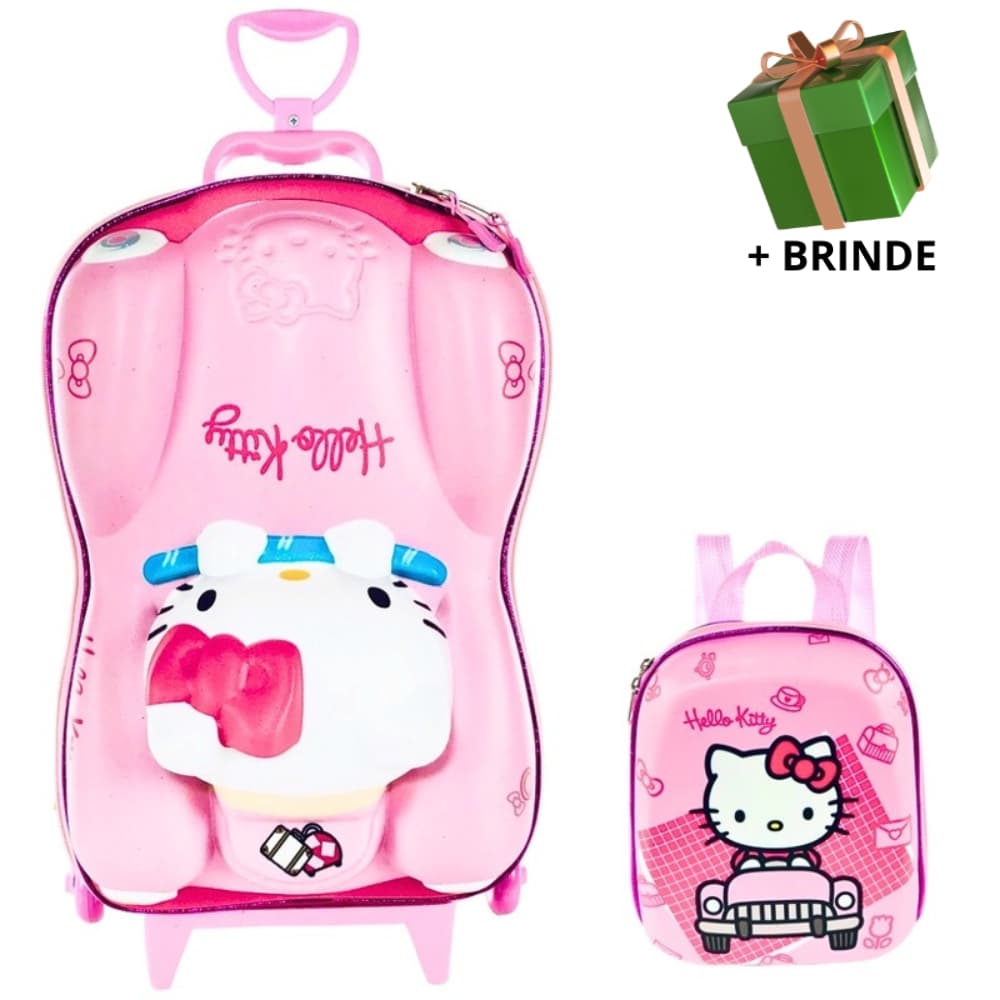 Mochila Escolar Infantil Menino Menina Lancheira Mala Rodinhas Hello Kitty 3D Viagem Resistente