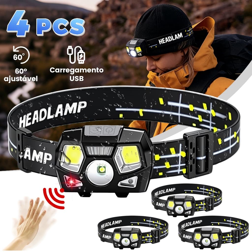 4 PCS Lanterna Cabeça Recarregável Sensor LED 1000 Lumens IPX4 Headlamp Forte
