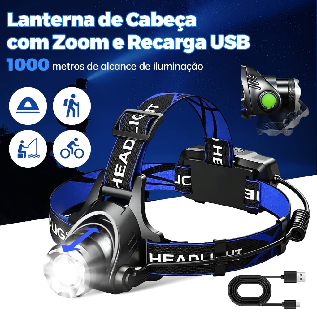Lanterna de Cabeça LED T6 X2000 Recarregável Zoom IPX4 Headlamp Outdoor