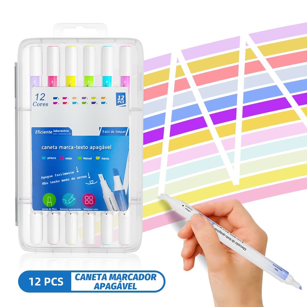 Kit 12 Marca Texto apagável Ponta Dupla Caneta Secagem rápida marcador de texto material escolar/material de escritório