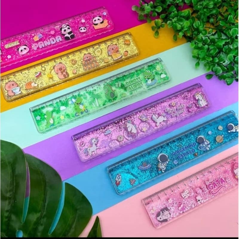 Régua 20cm com Glitter Infantil Papelaria Régua Plástica Decorada Escolar